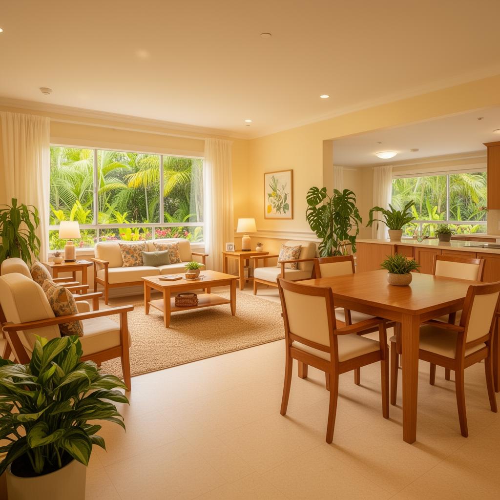 Warm communal living and dining area